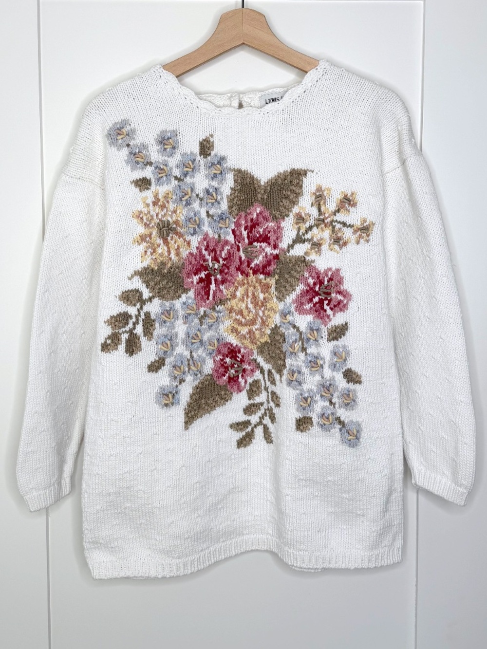 Vintage Floral Knit Cotton Sweater by Lewis Henry in White